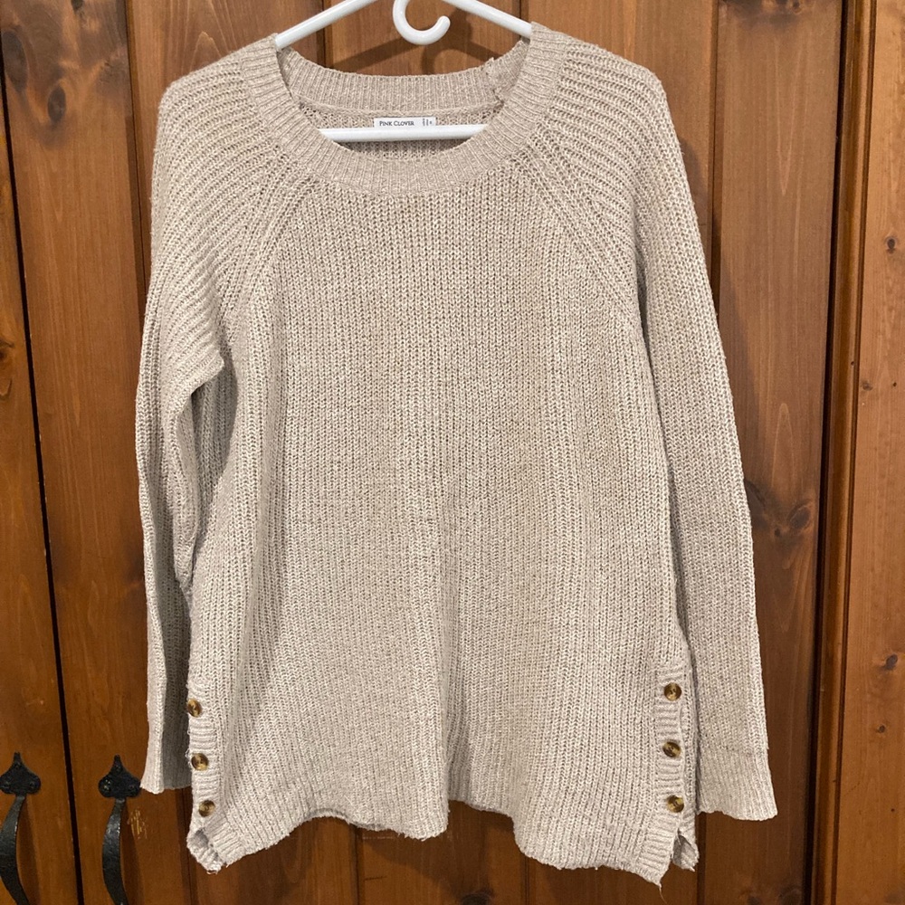 (M) Pink Clover Cream Button-Side Crewneck Sweater